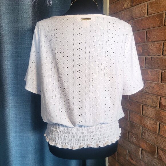 Michael Kors Collection White Eyelet Smocked-Hem Blouse - Women's Size M - Picture 4 of 12